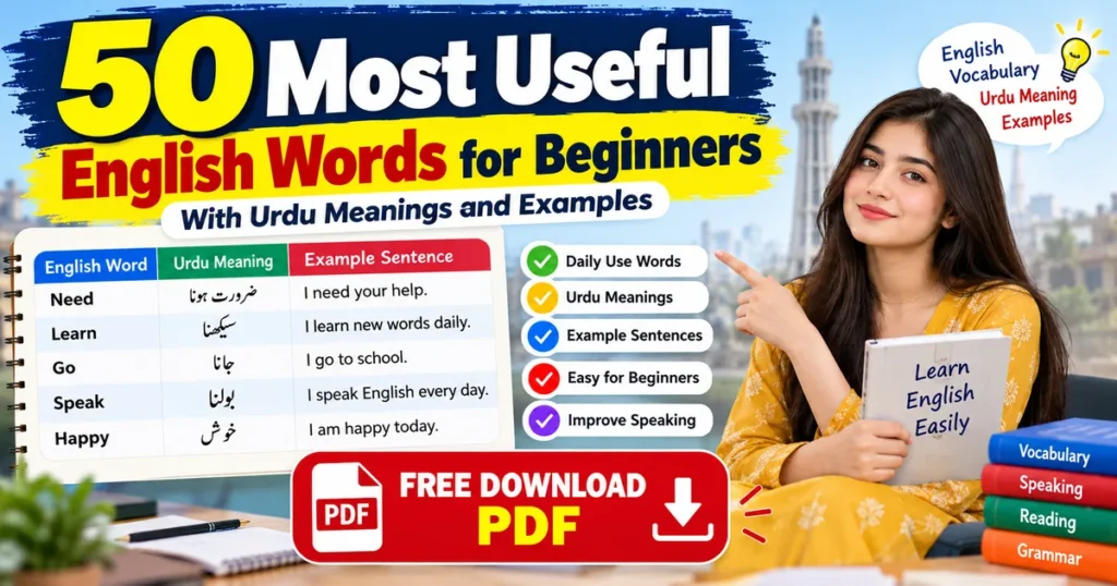 Girl holding Learn English Easily book beside table of 50 useful English words with Urdu meanings and free PDF download